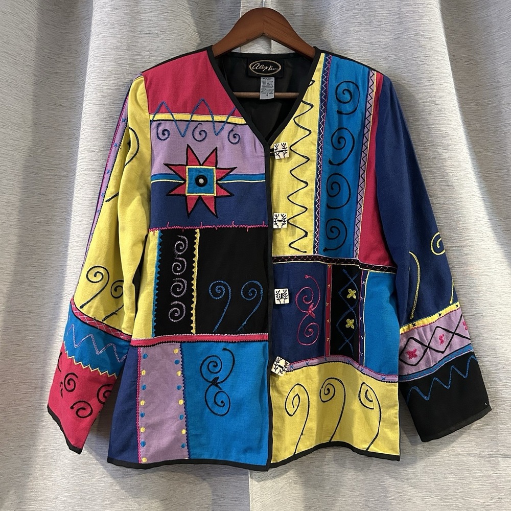 Alex Kim Jacket Womens Small Patchwork Art To Wear Embroidered Boho Retro